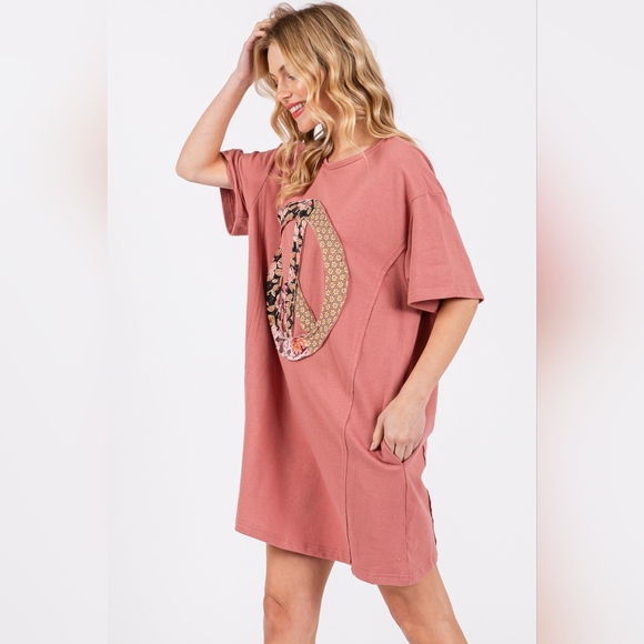 SAGE + FIG Full Size Peace Sign Applique Short Sleeve Tee Dress - Picture 2 of 5